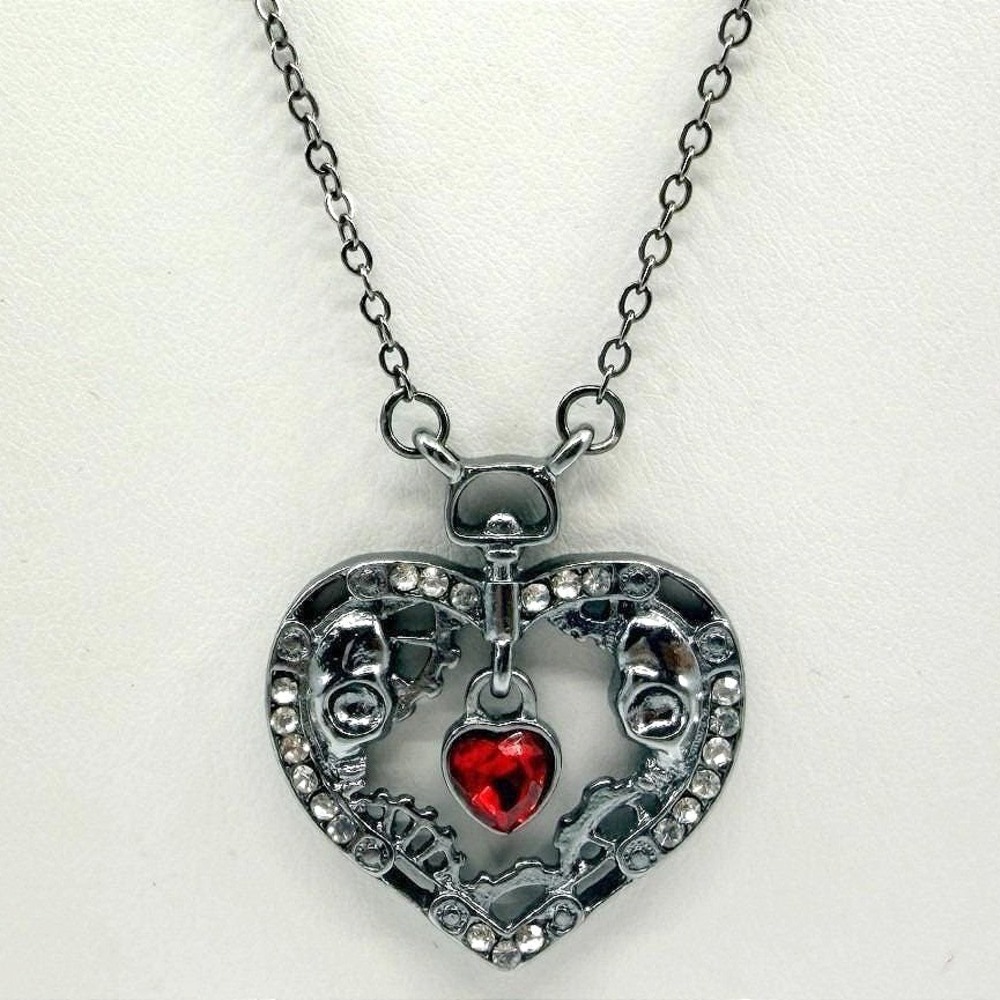 Vintage Gothic Steampunk Heart Pendant Necklace Gunmetal Tone Red‎ Skulls Gears